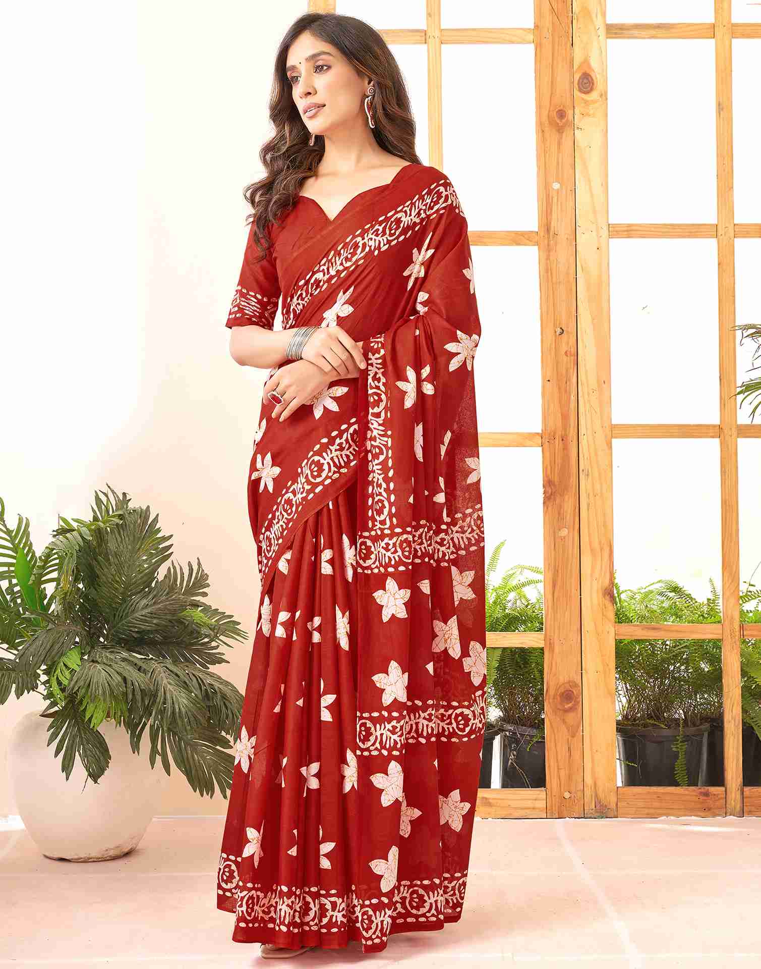 Dark Red Cotton Printed Saree