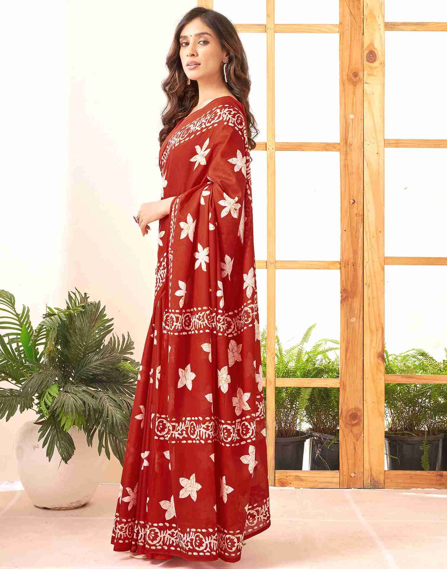 Dark Red Cotton Printed Saree