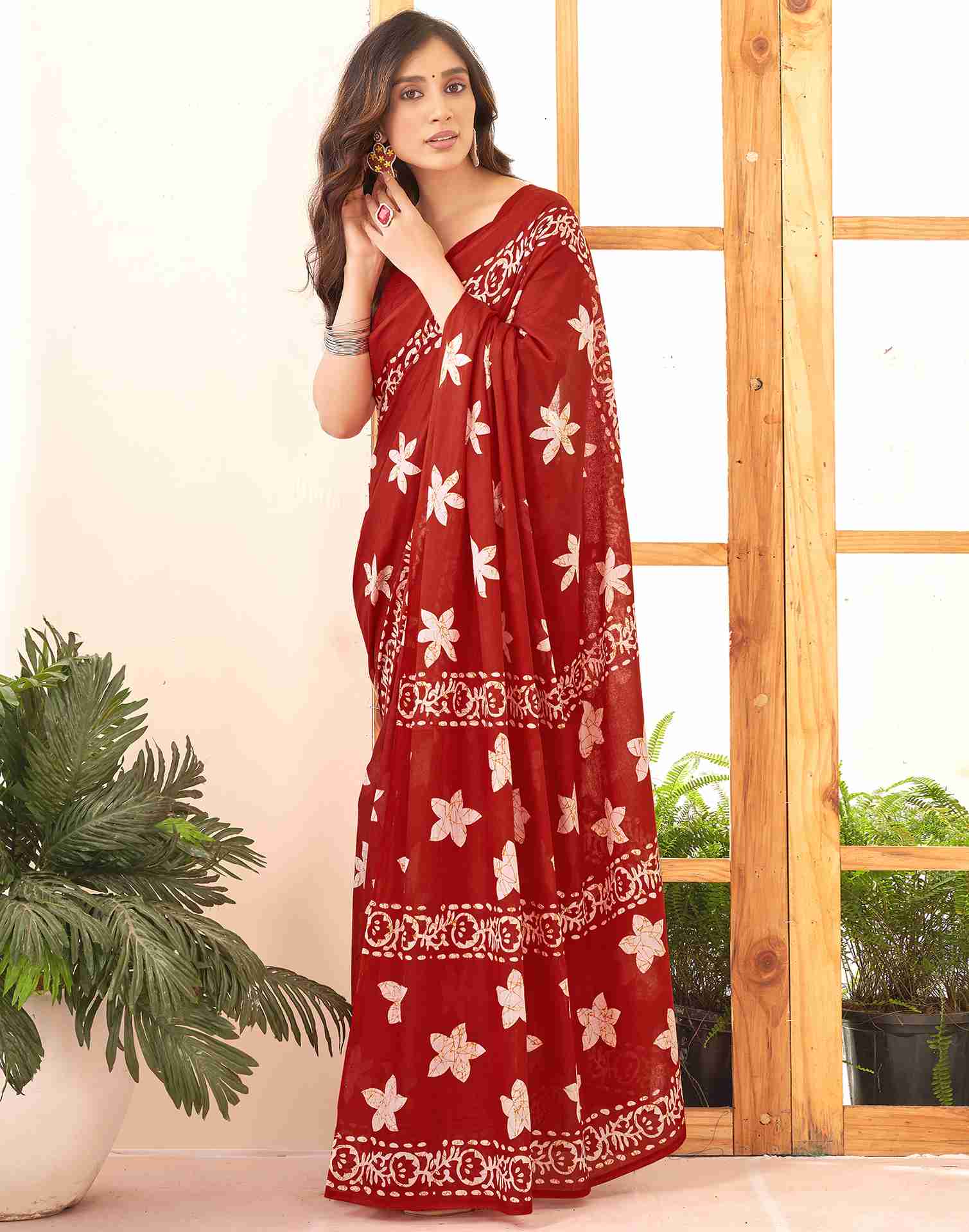 Dark Red Cotton Printed Saree