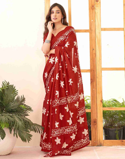 Dark Red Cotton Printed Saree