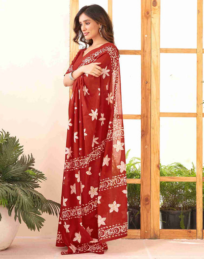 Dark Red Cotton Printed Saree