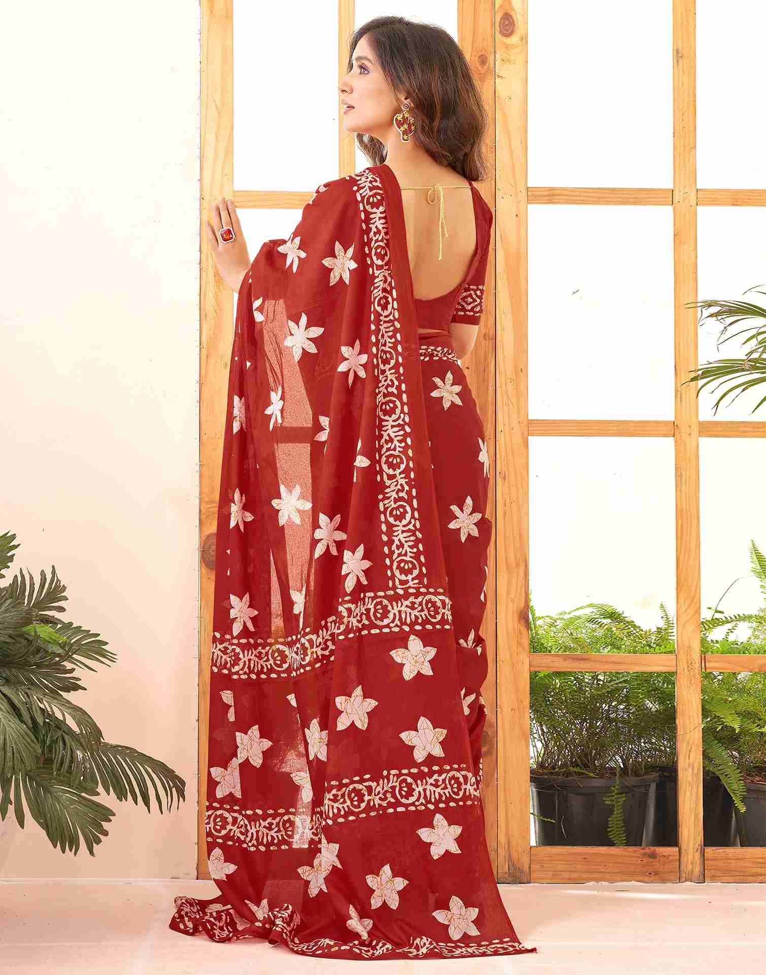 Dark Red Cotton Printed Saree