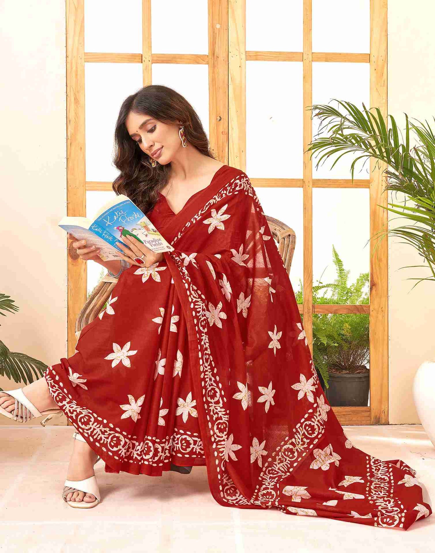 Dark Red Cotton Printed Saree