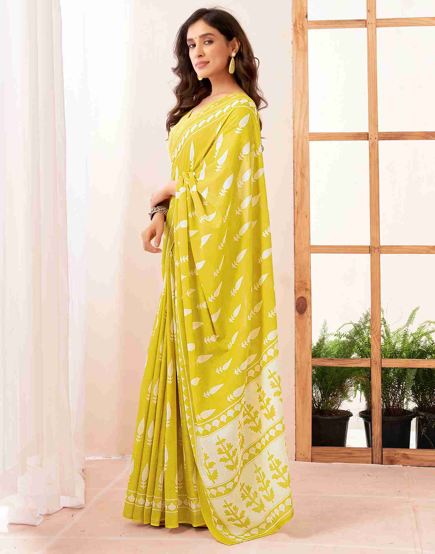 Yellow Cotton Printed Saree