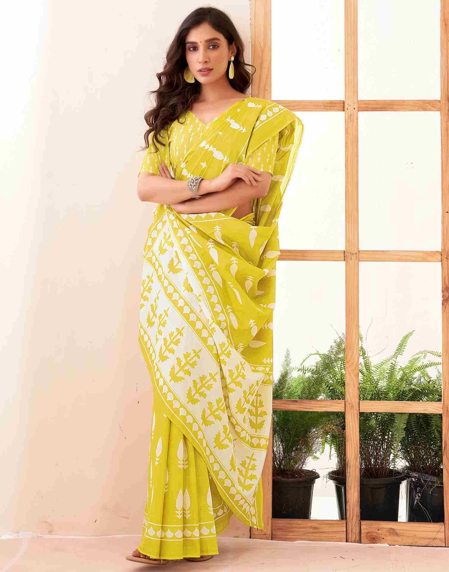 Yellow Cotton Printed Saree