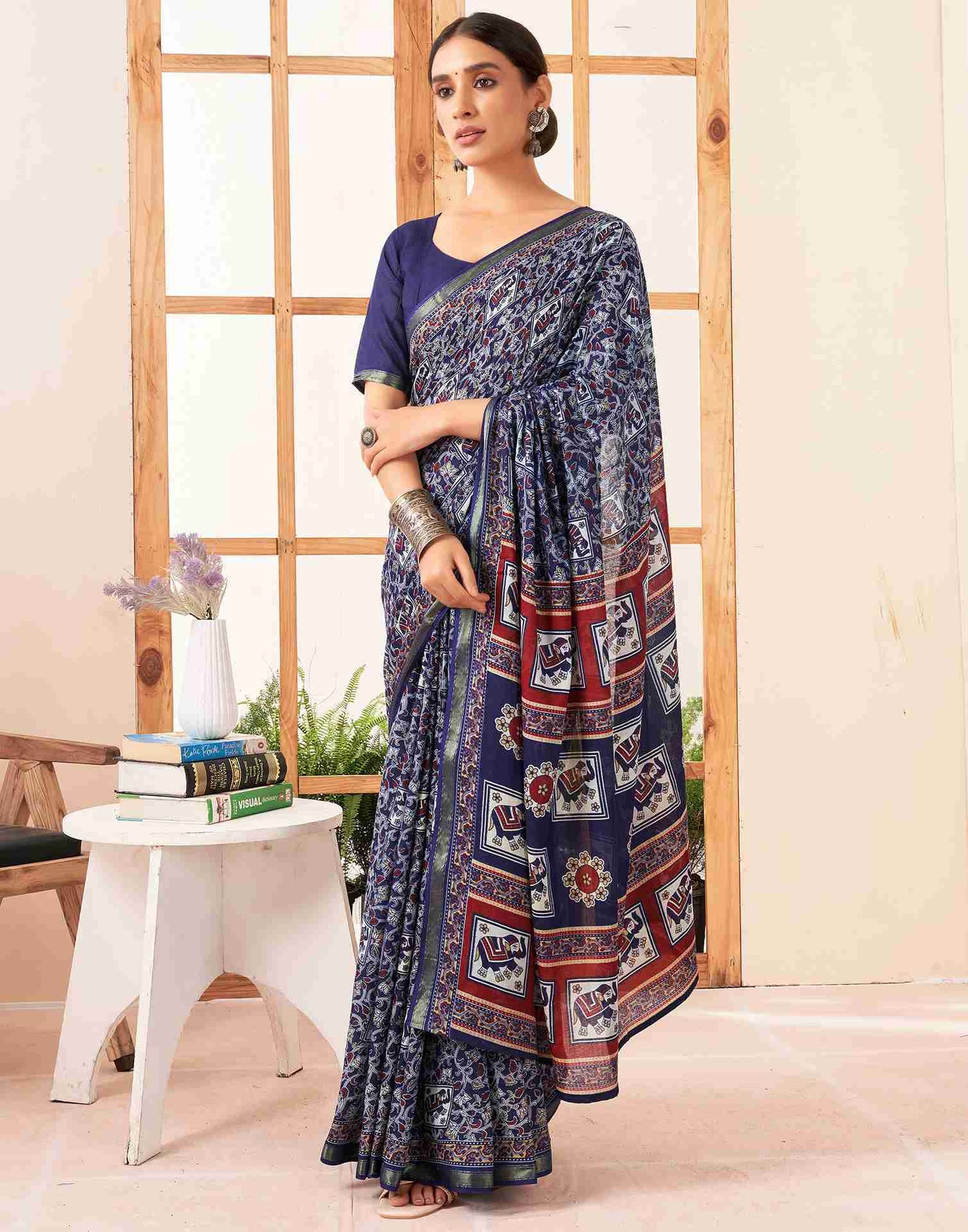 Navy Blue Cotton Printed Saree