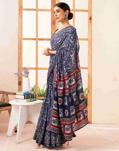 Navy Blue Cotton Printed Saree