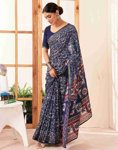 Navy Blue Cotton Printed Saree