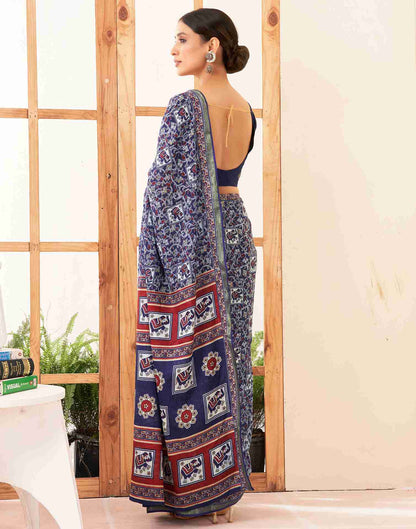 Navy Blue Cotton Printed Saree