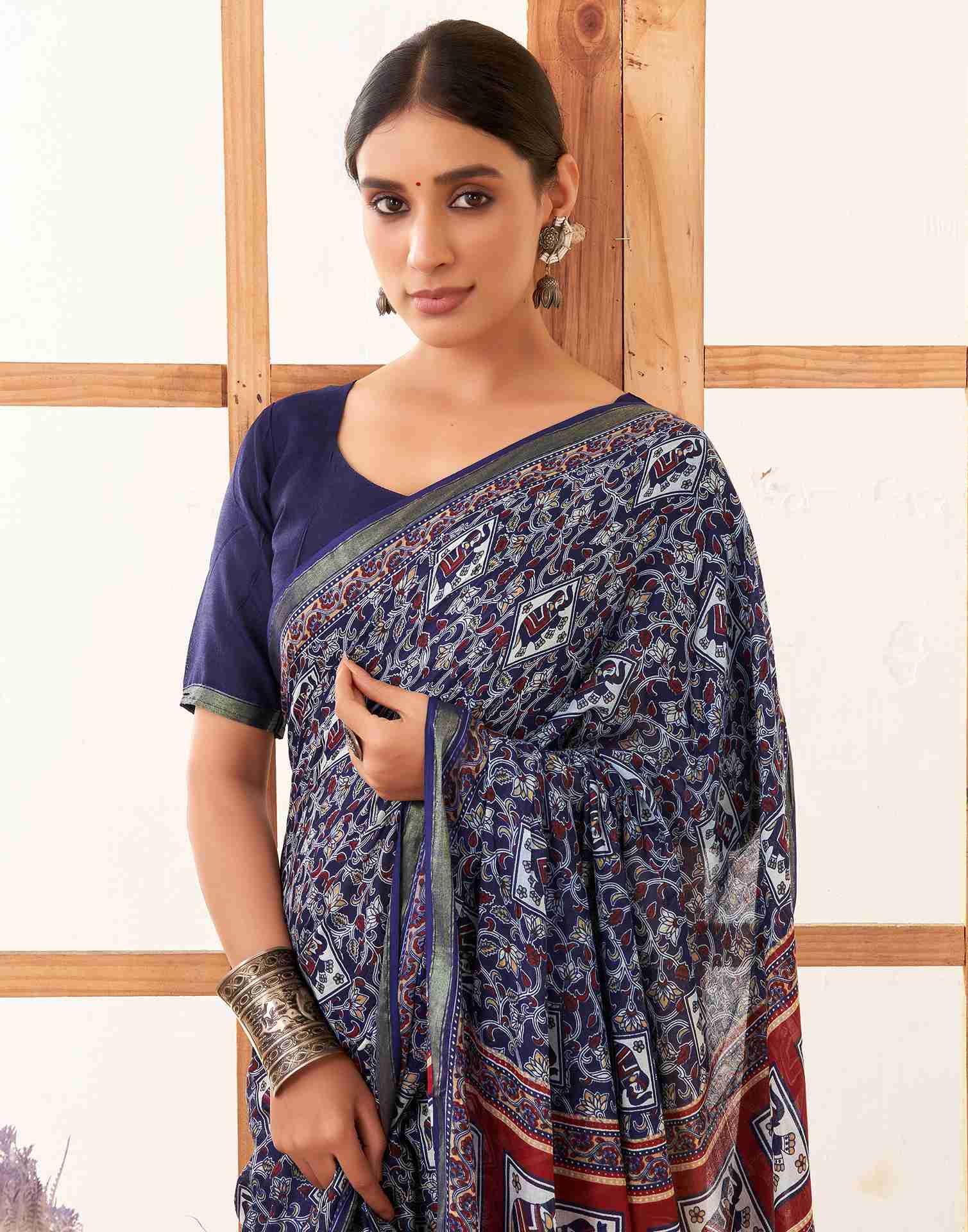 Navy Blue Cotton Printed Saree