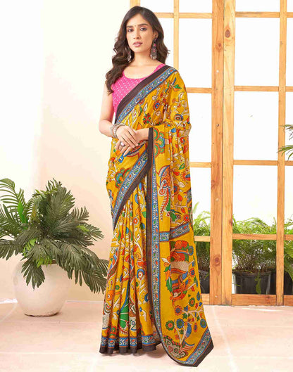 Yellow Cotton Printed Saree