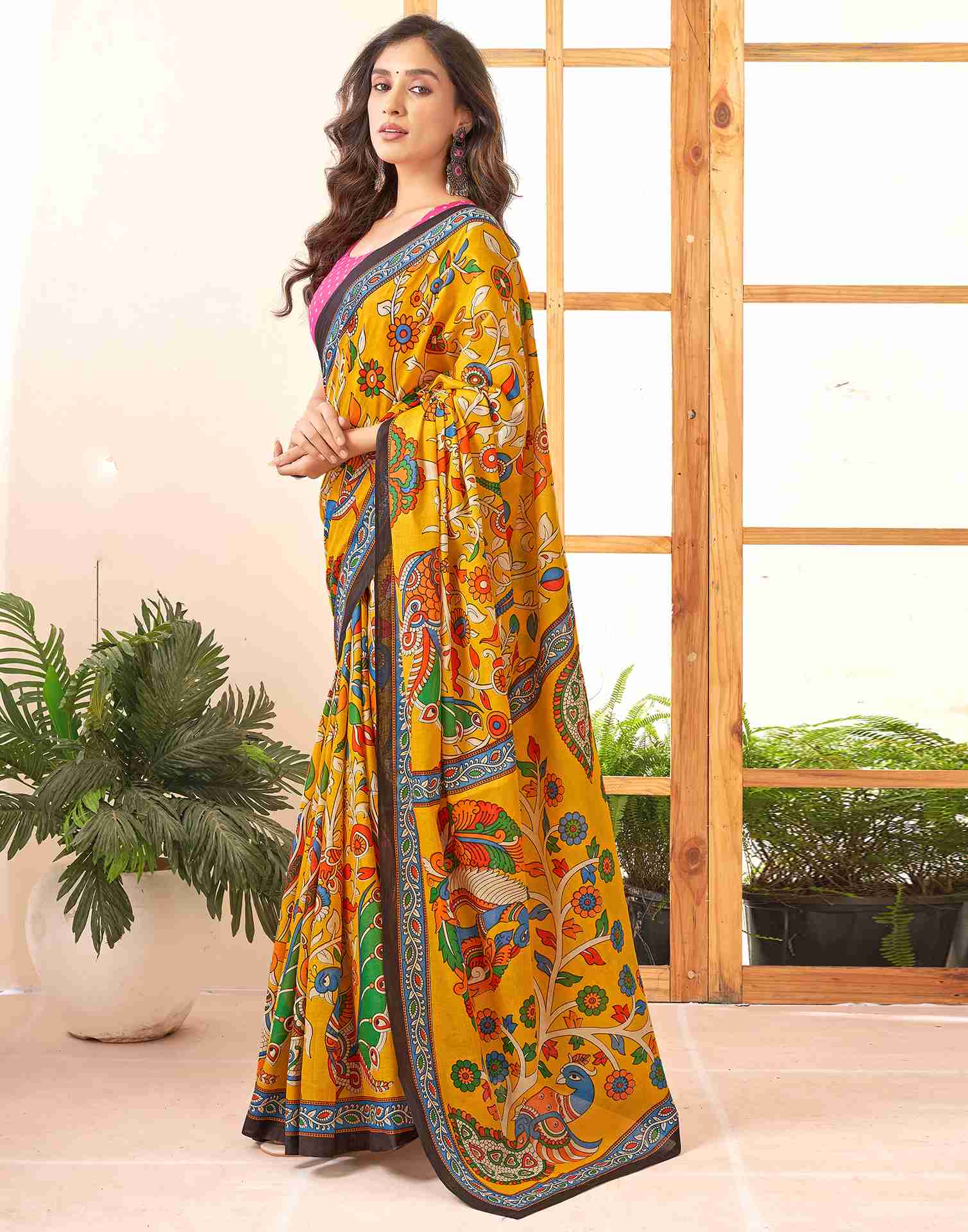 Yellow Cotton Printed Saree