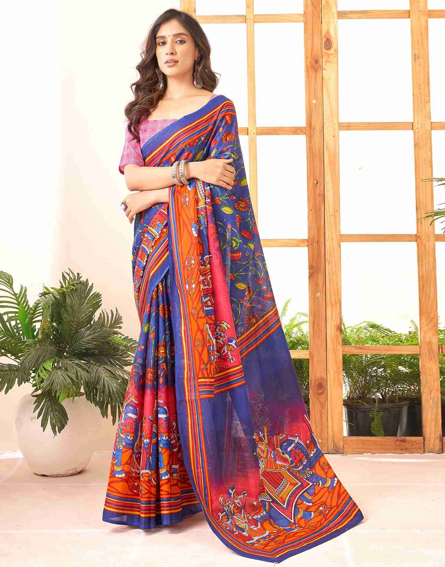 Dark Blue Cotton Printed Saree