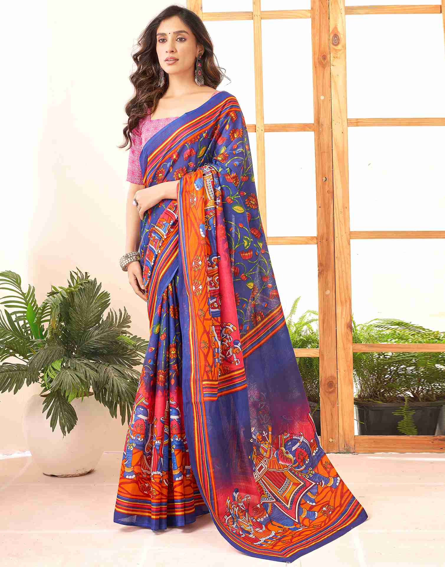 Dark Blue Cotton Printed Saree