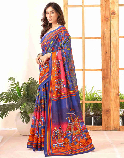 Dark Blue Cotton Printed Saree