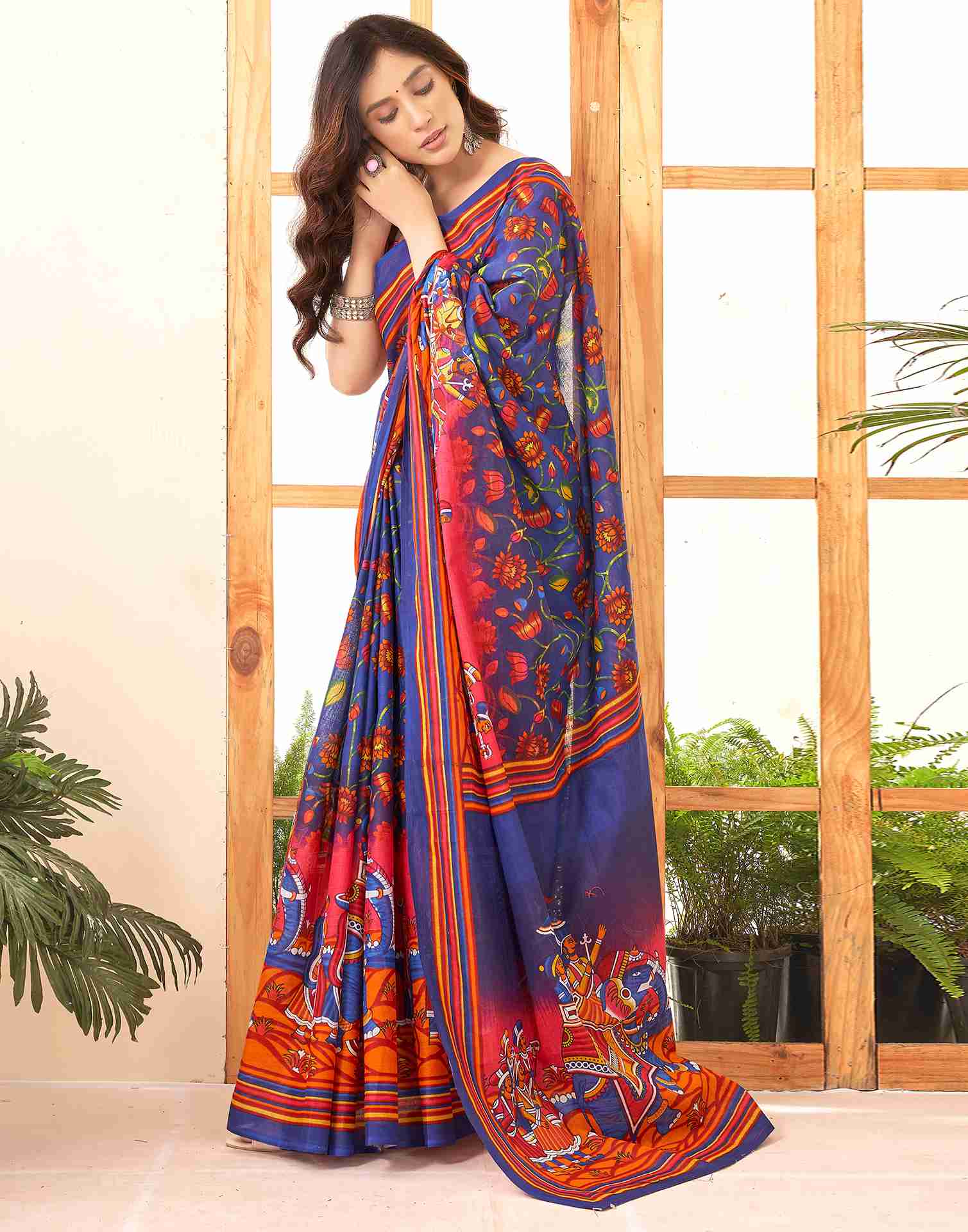 Dark Blue Cotton Printed Saree