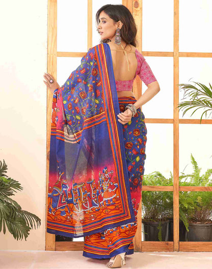 Dark Blue Cotton Printed Saree