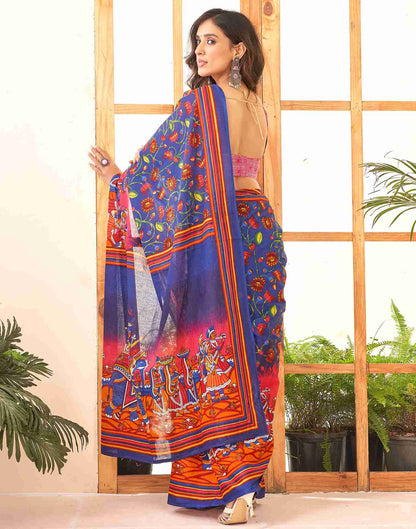 Dark Blue Cotton Printed Saree