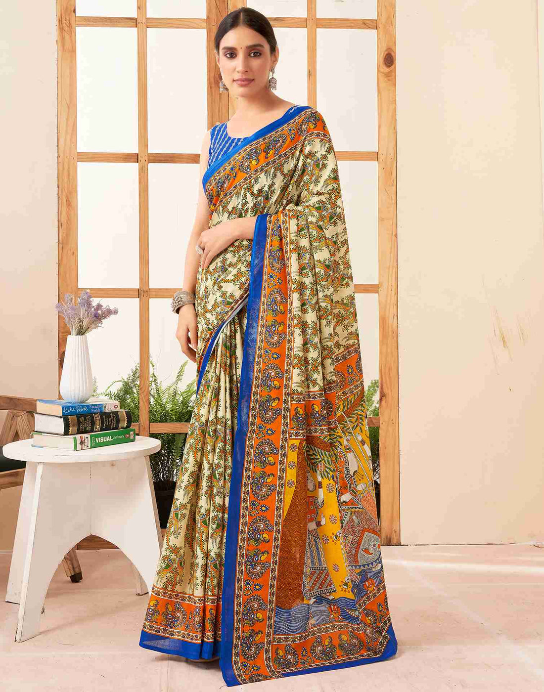 Cream Cotton Printed Saree