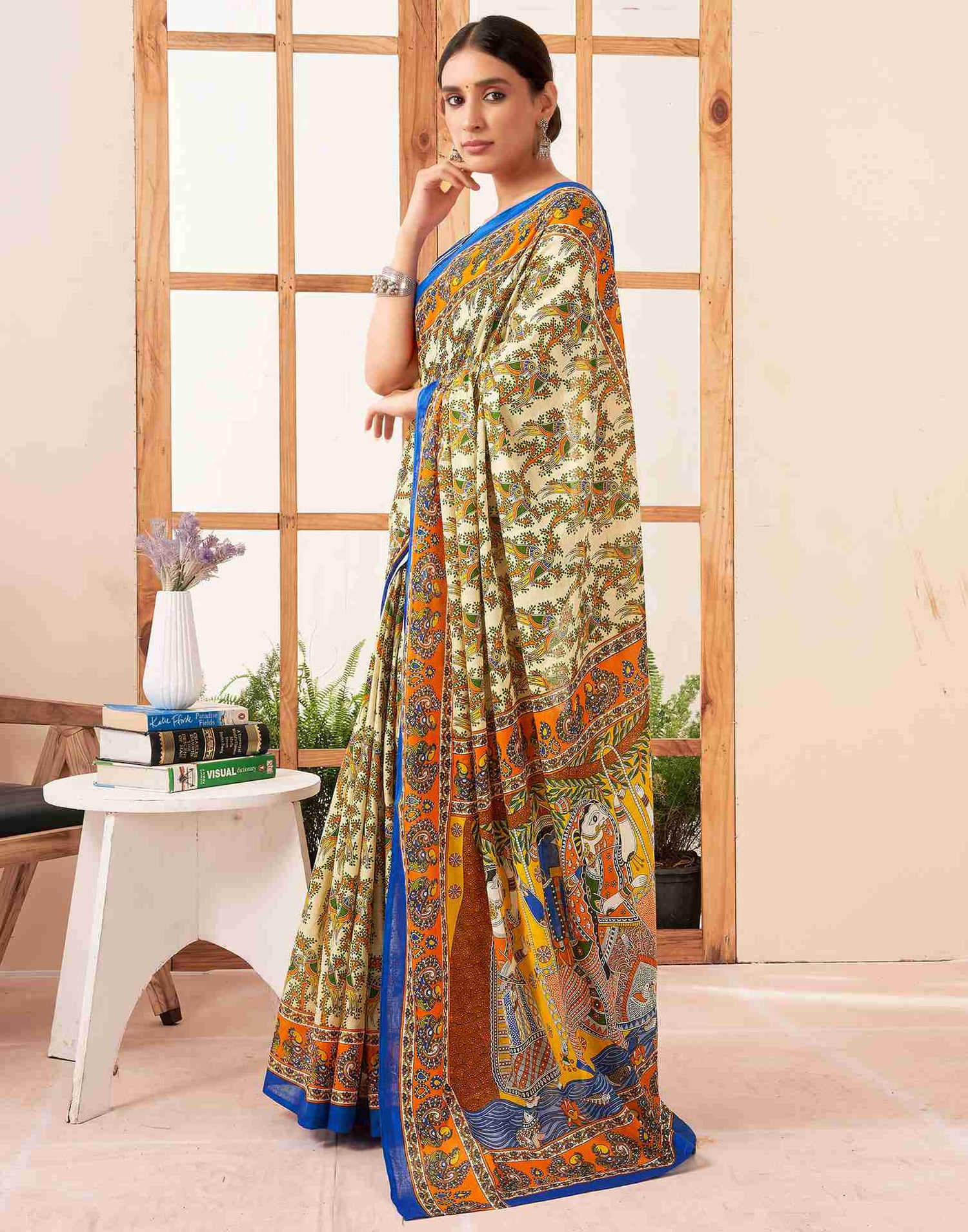 Cream Cotton Printed Saree