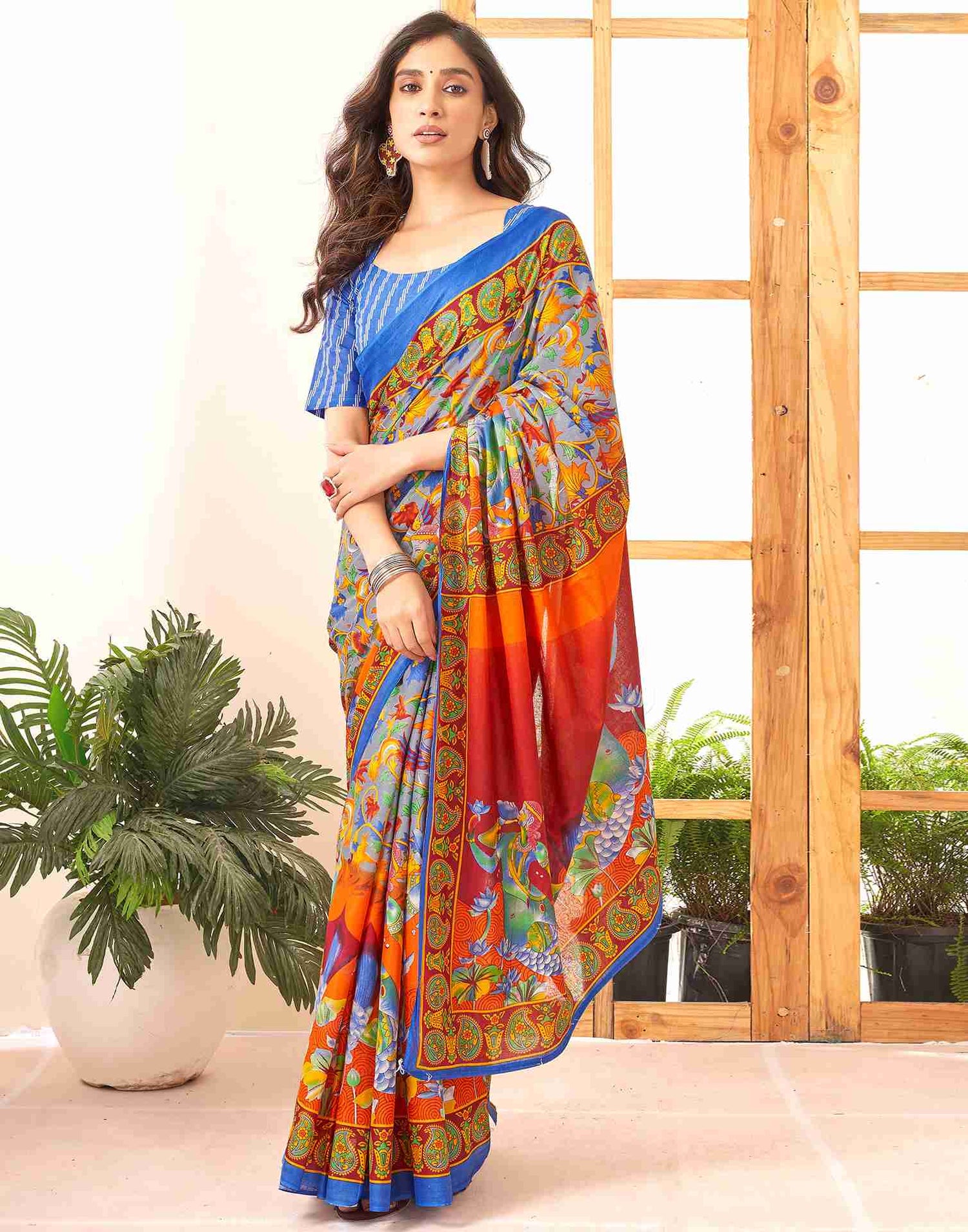 Steel Grey Cotton Printed Saree