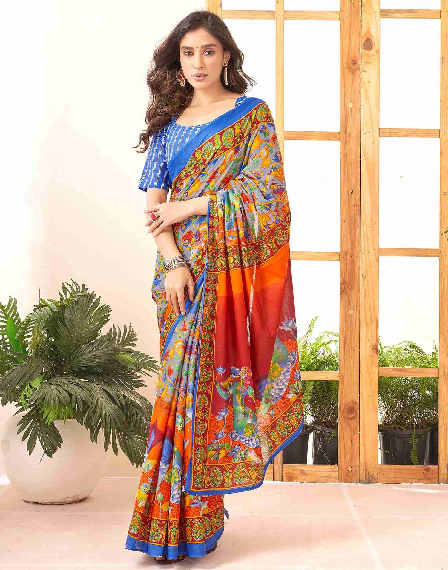 Steel Grey Cotton Printed Saree