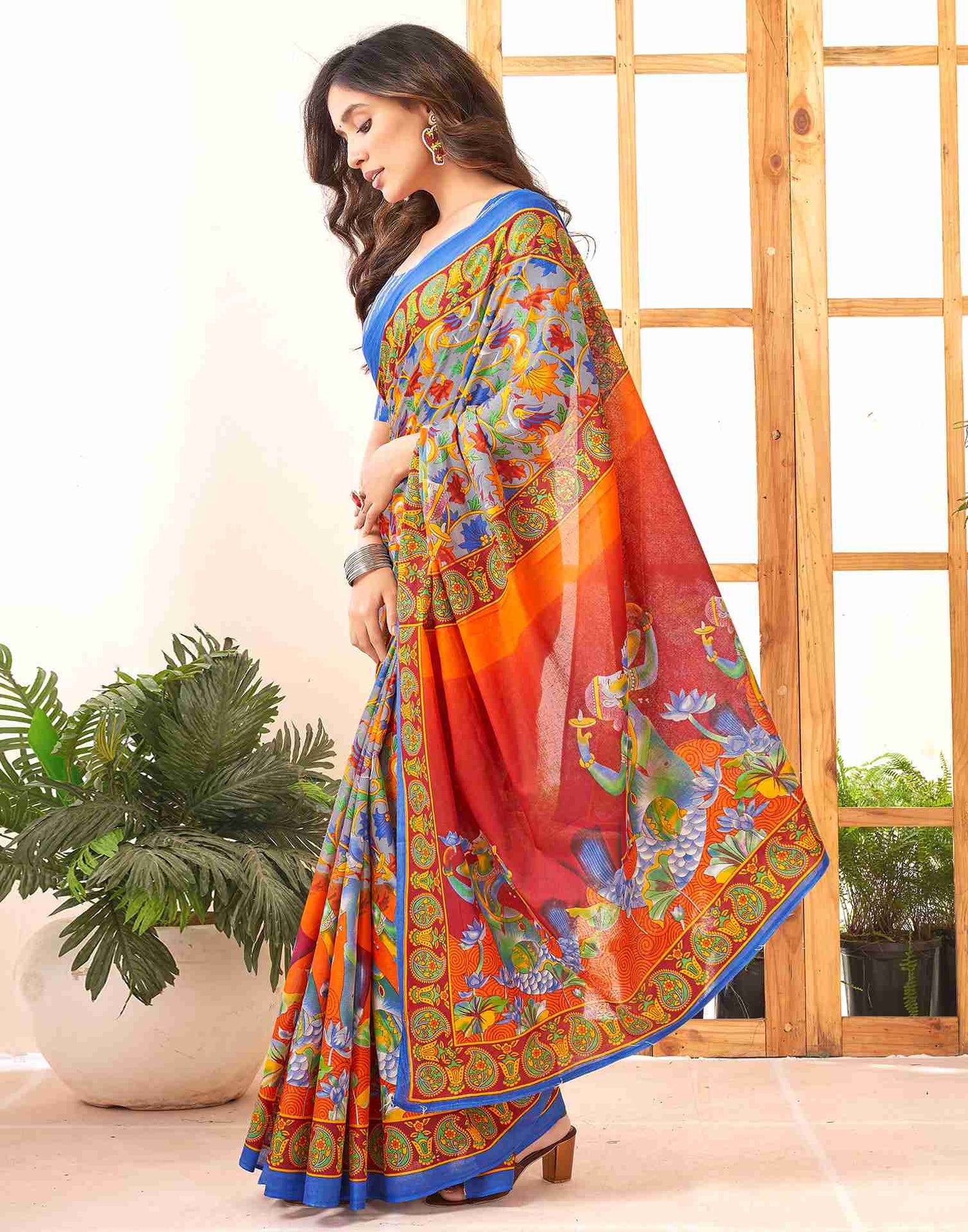 Steel Grey Cotton Printed Saree