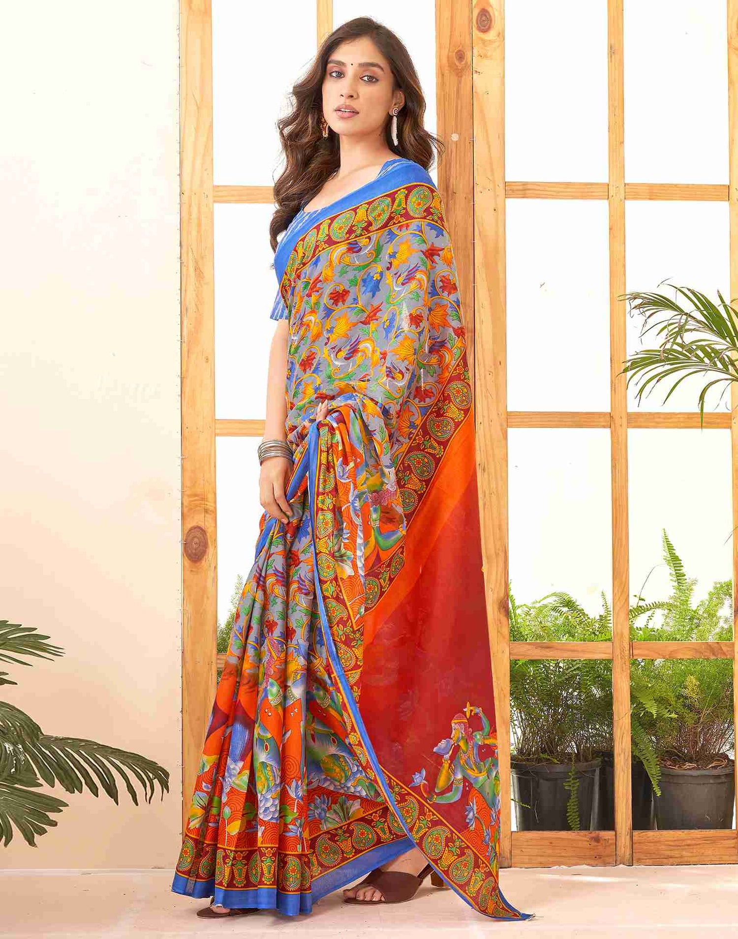 Steel Grey Cotton Printed Saree