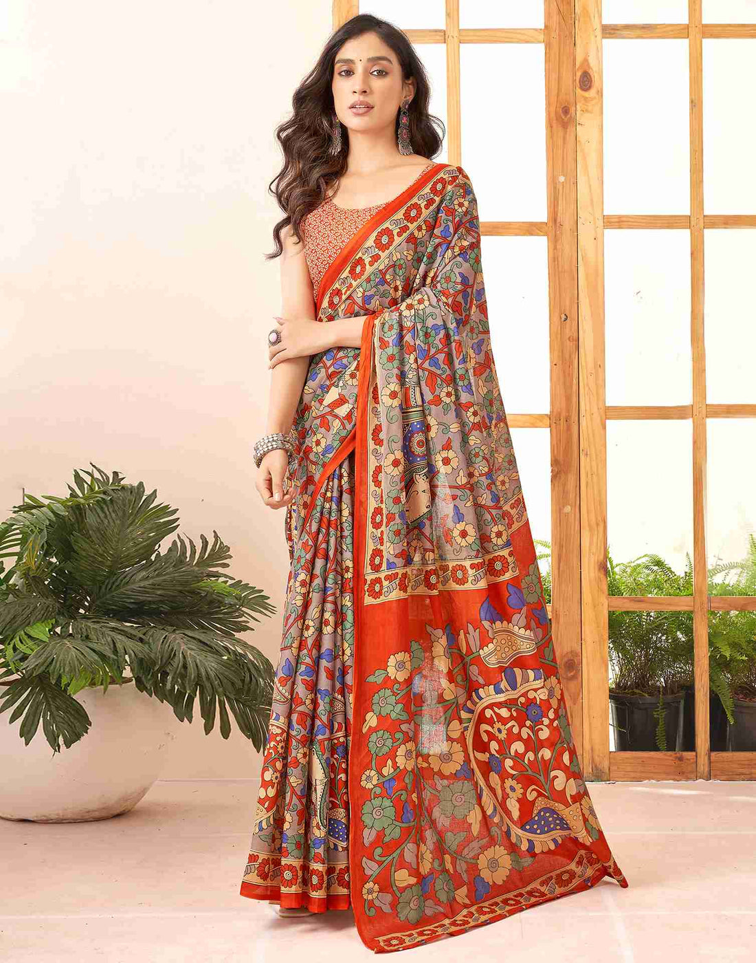 Grey Cotton Printed Saree