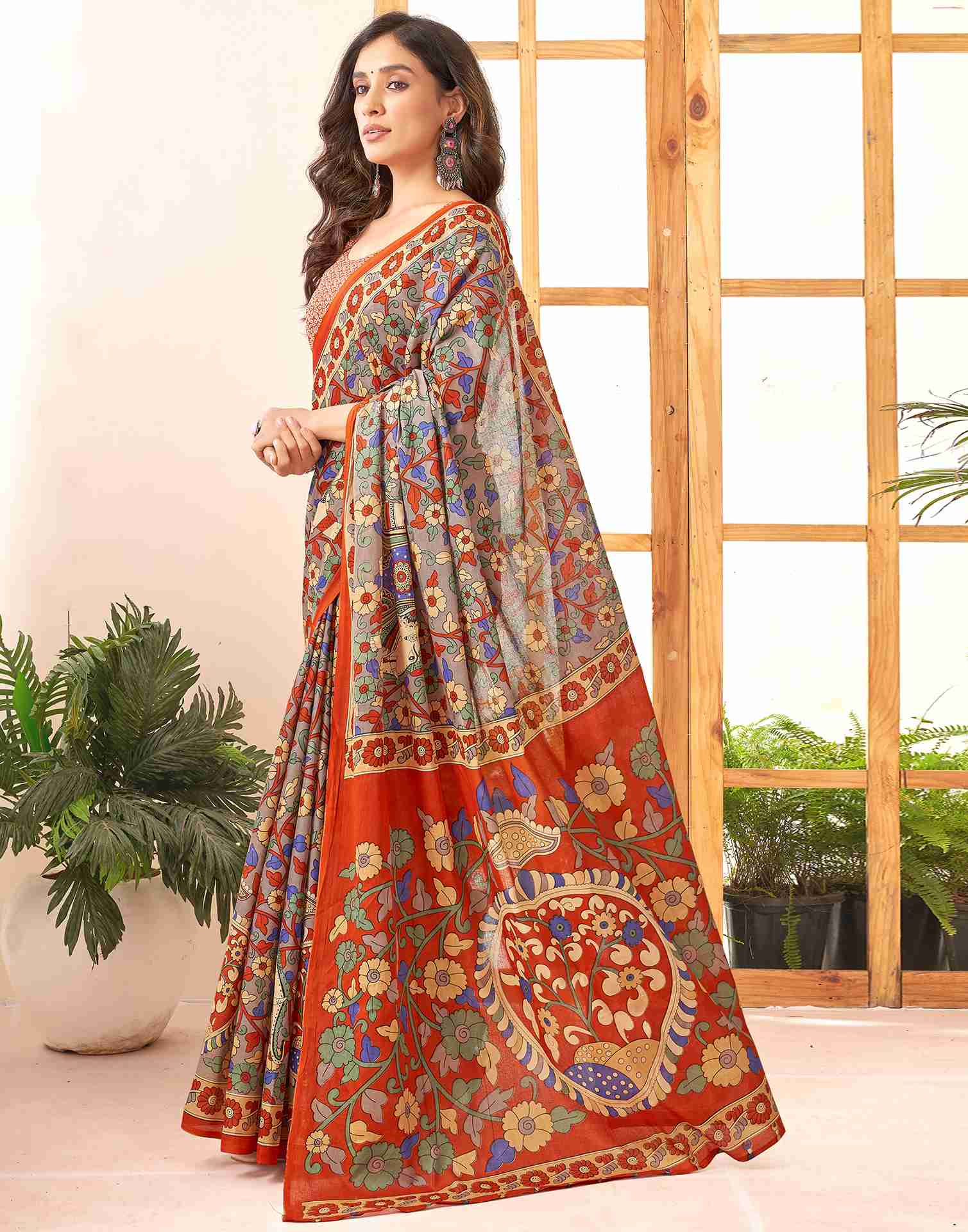 Grey Cotton Printed Saree