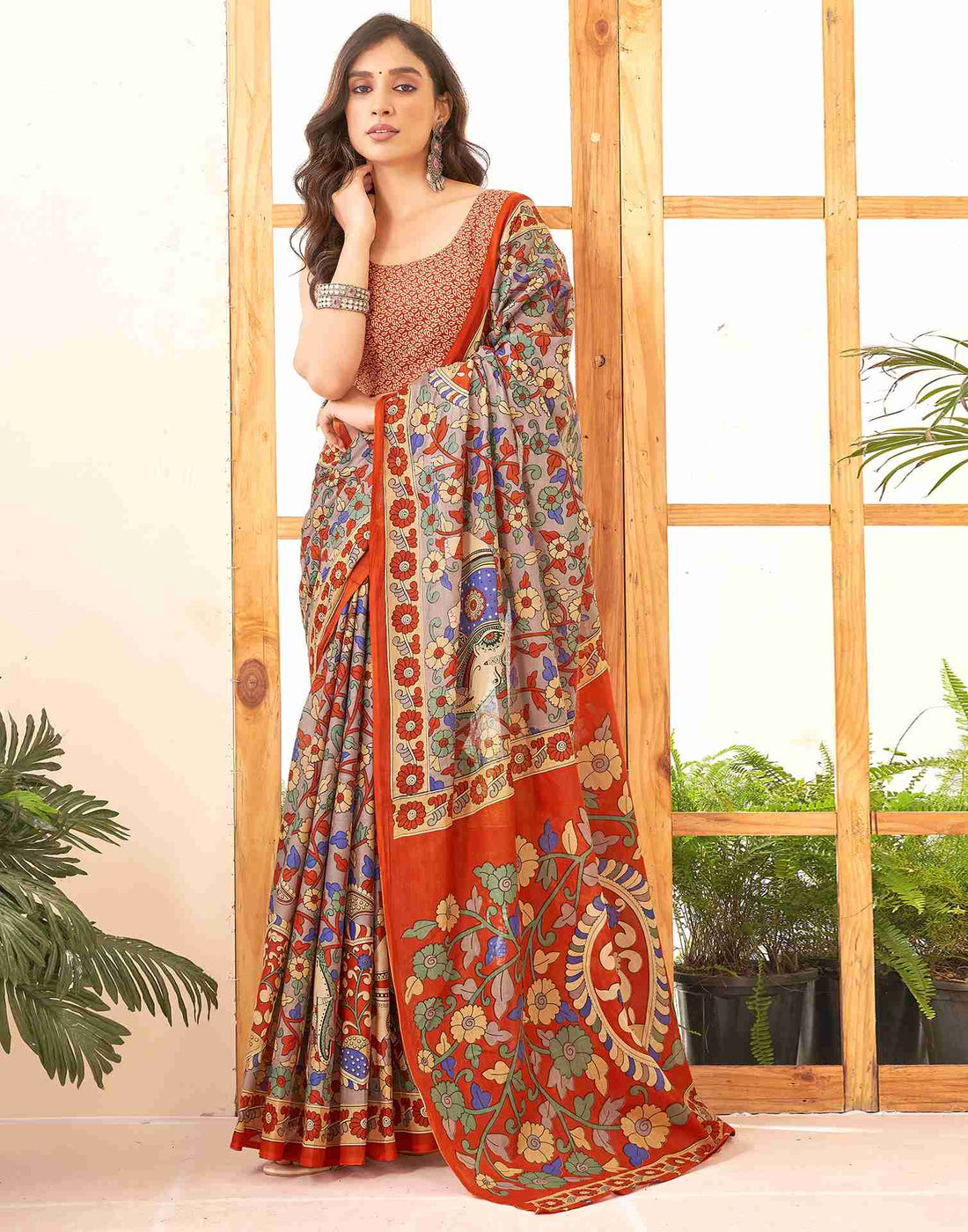 Grey Cotton Printed Saree