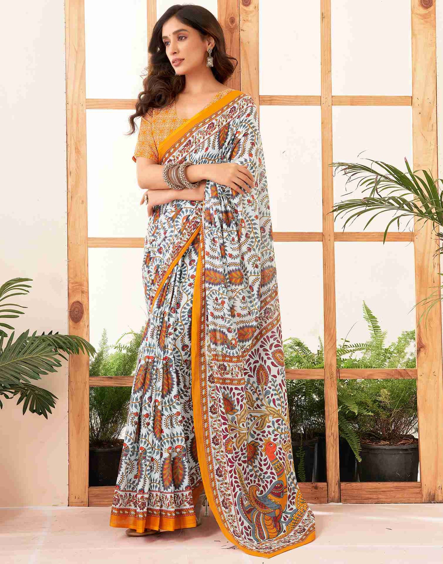 White Cotton Printed Saree