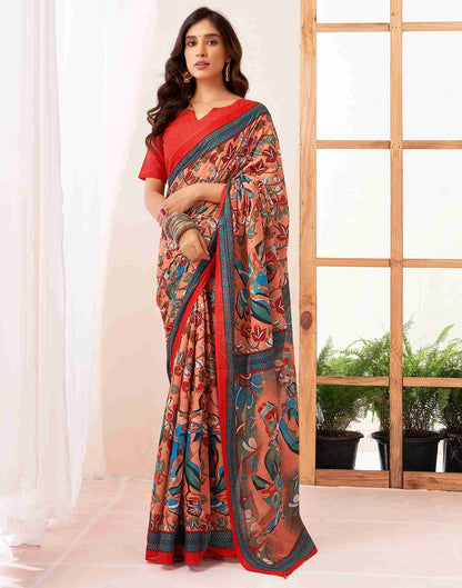 Light Peach Cotton Printed Saree