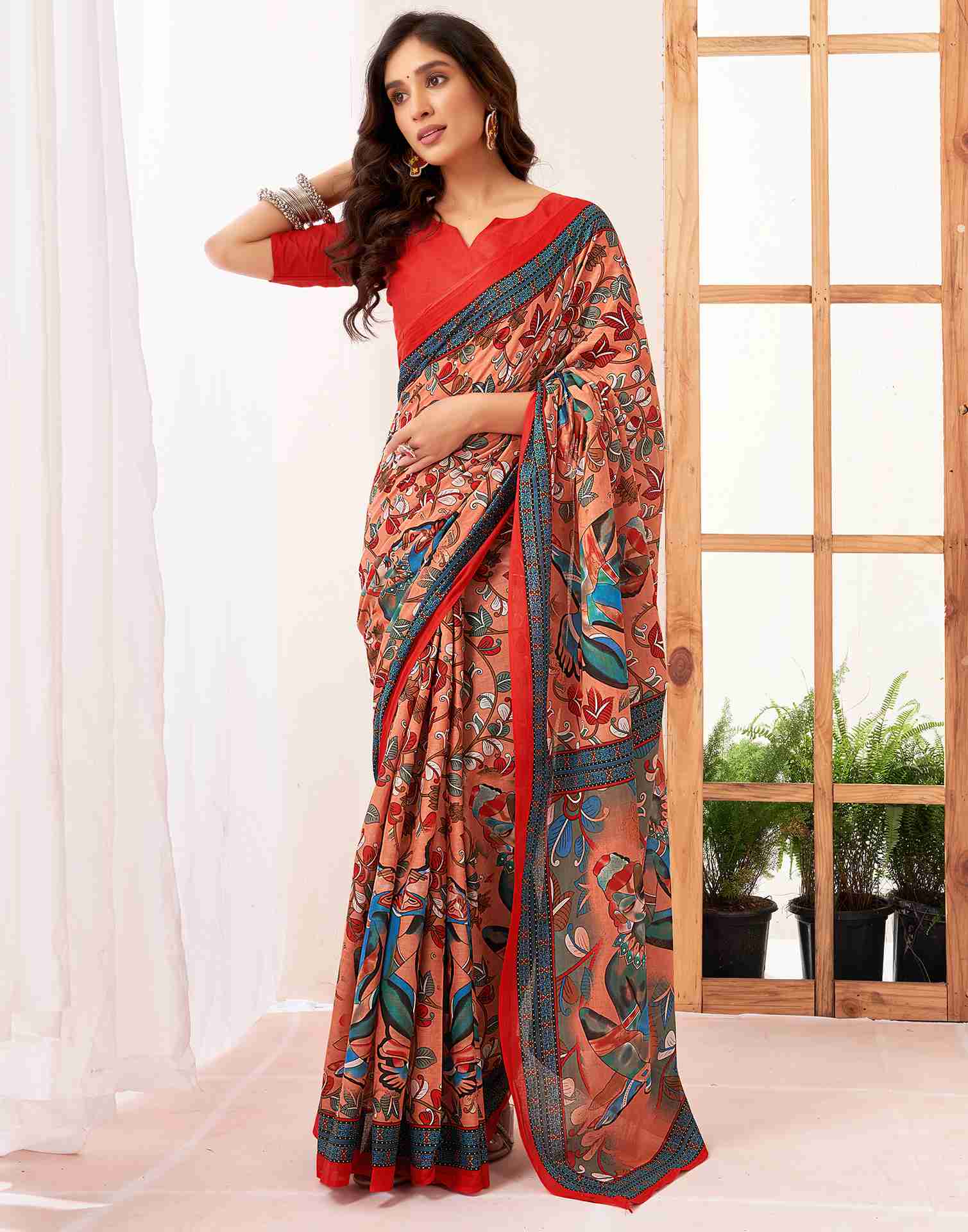 Light Peach Cotton Printed Saree