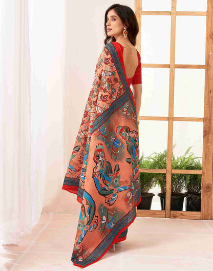 Light Peach Cotton Printed Saree