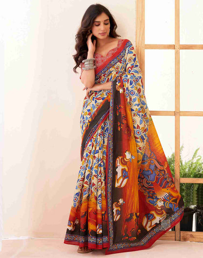 Cream Cotton Printed Saree