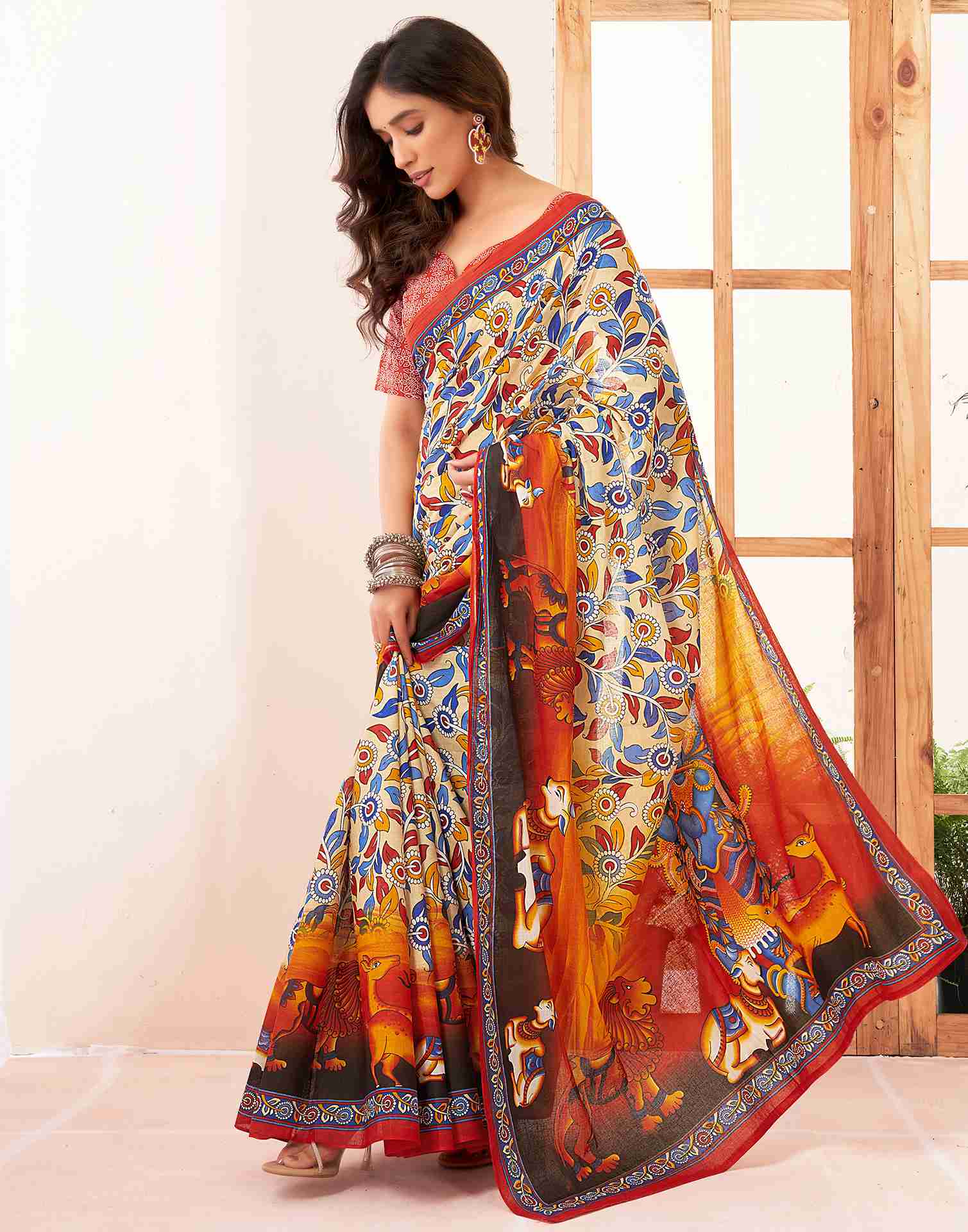 Cream Cotton Printed Saree