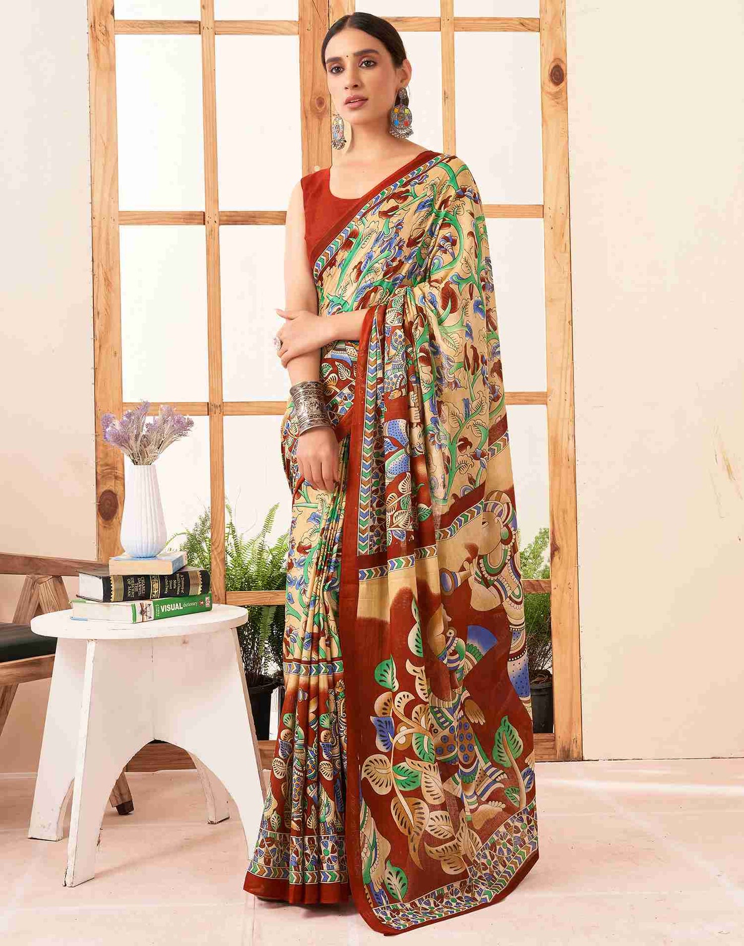 Cream Cotton Printed Saree