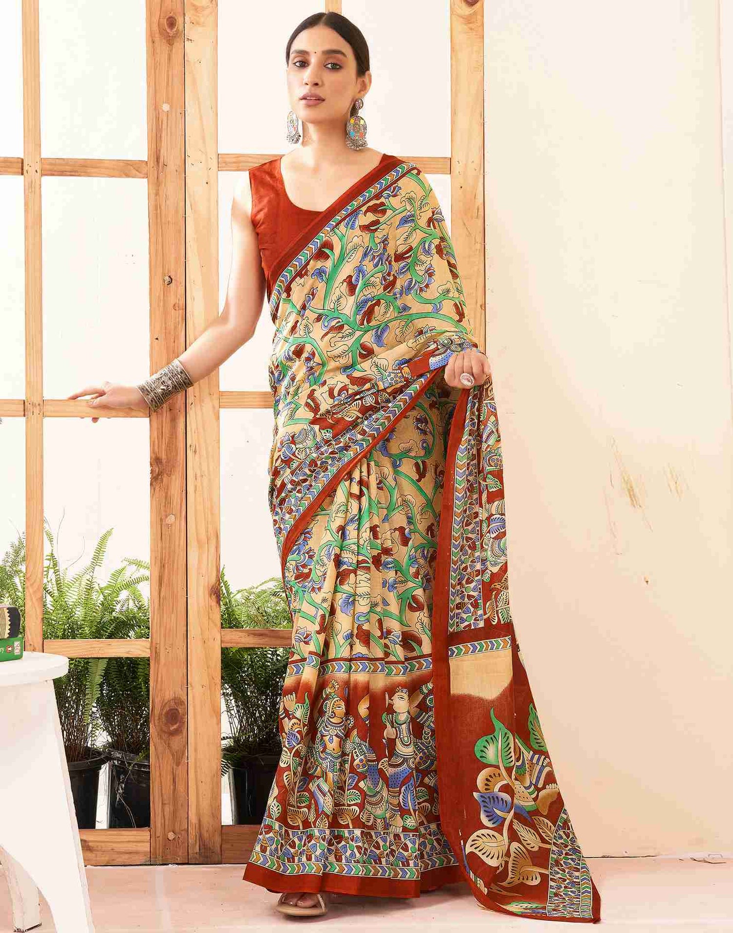 Cream Cotton Printed Saree