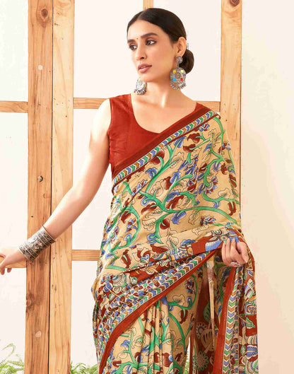 Cream Cotton Printed Saree