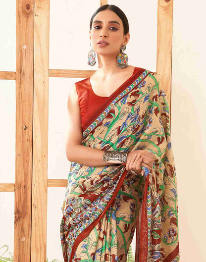 Cream Cotton Printed Saree