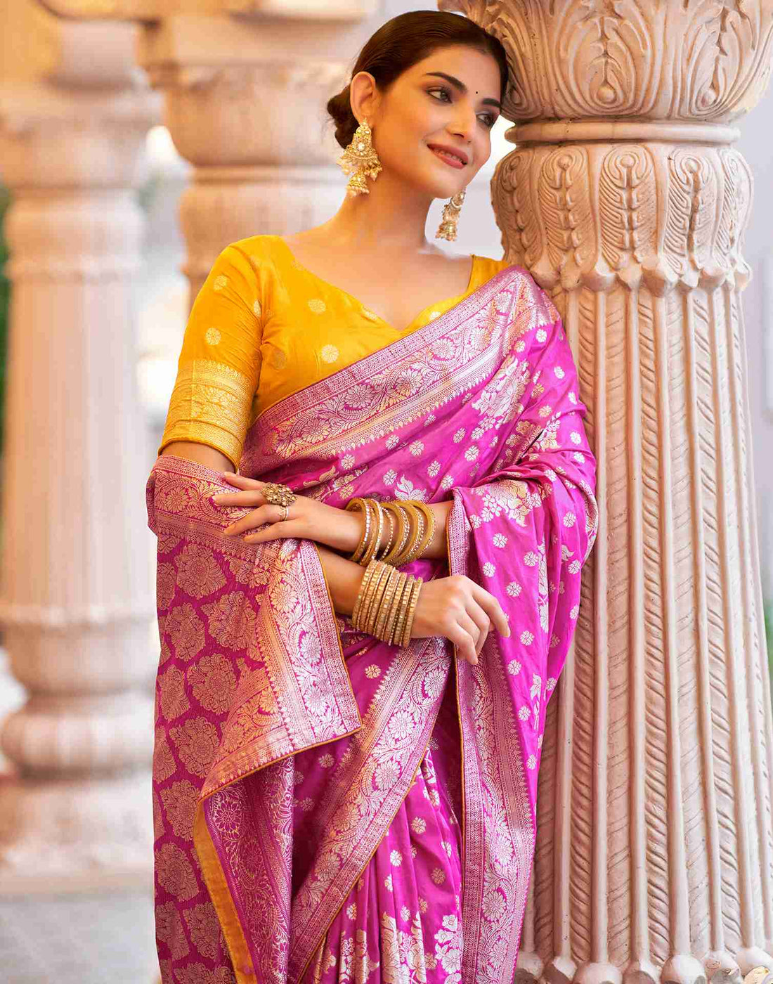 Rani Pink Silk Woven Banarasi Saree