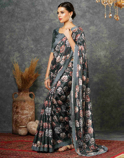 Dark Steel Grey Silk Printed Saree