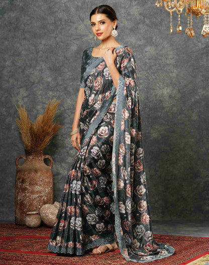 Dark Steel Grey Silk Printed Saree