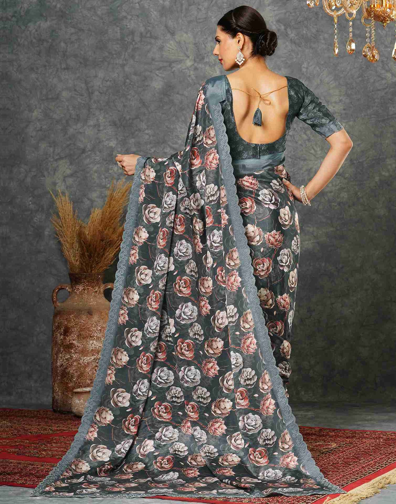 Dark Steel Grey Silk Printed Saree