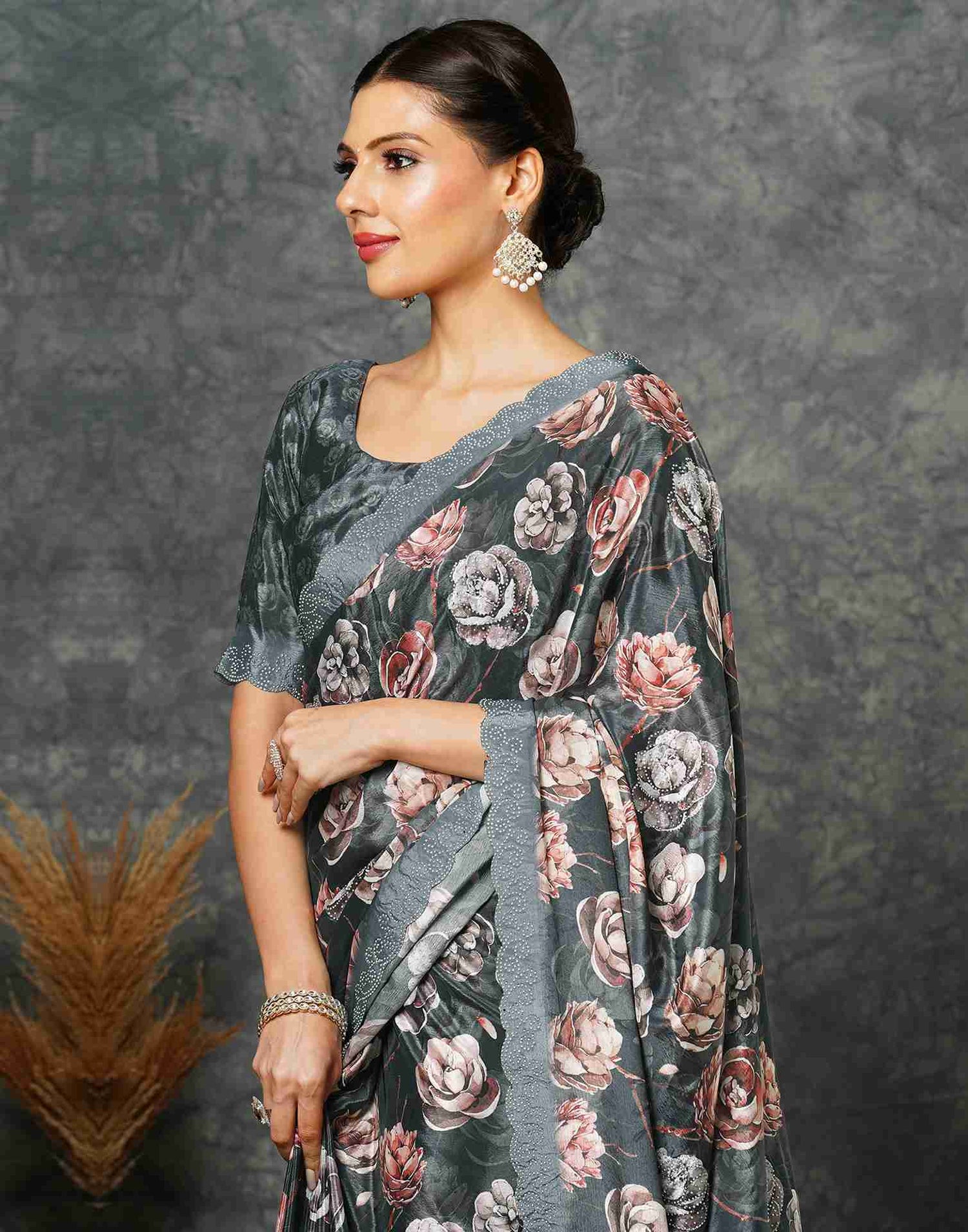 Dark Steel Grey Silk Printed Saree