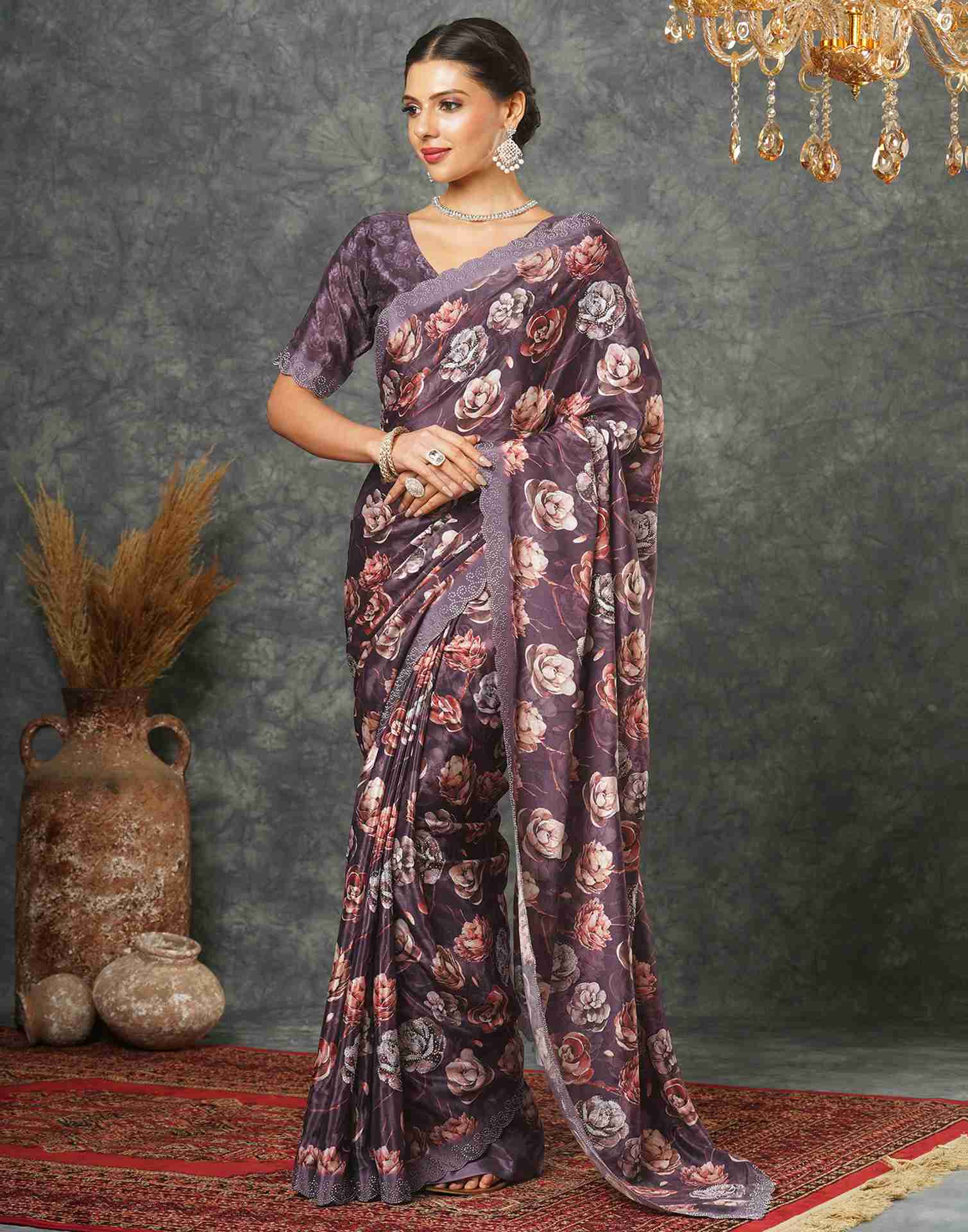 Dark Purple Silk Printed Saree