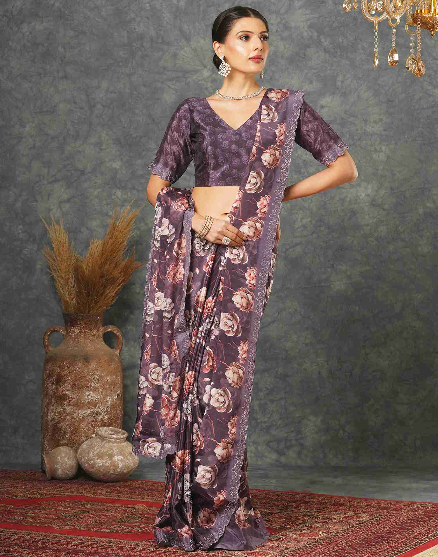 Dark Purple Silk Printed Saree