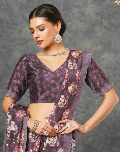 Dark Purple Silk Printed Saree