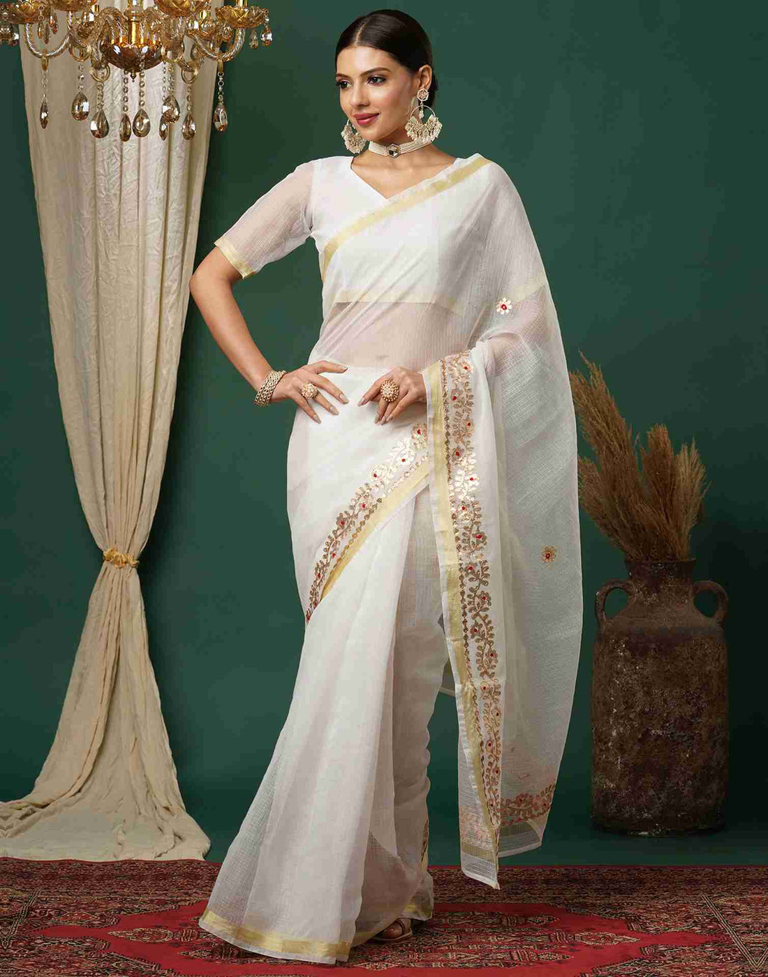 White Cotton Zari Gotta Patti Saree